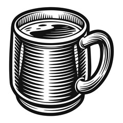 Engraved mug showcases a beverage with woodcut styled black and white textured detail