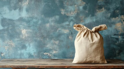 A canvas bag on a wooden table against a textured blue wall. Concept of storage and simplicity.