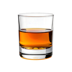 A short, clear glass filled about halfway with golden-brown liquor, set against a black background