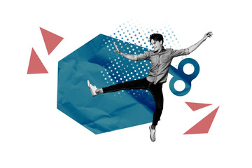 Artwork poster collage of smiling man marionette motion energy control influence concept isolated...