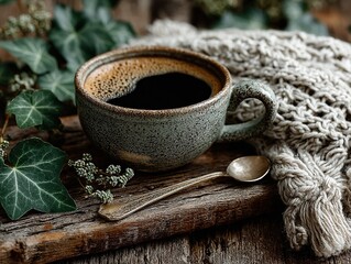 Cup of black coffee on old wooden table with leaves vines and scarf cozy atmosphere