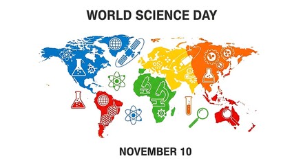 Naklejka premium World Science Day colorful infographic on a world map with lab icons