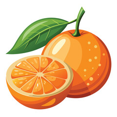 A vibrant orange fruit stands next to a juicy half section, displaying its segments and green leaf