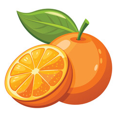 Orange fruit and a cut slice featuring a green leaf creates a vibrant scene