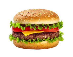 Juicy grilled beef patty, melted cheese, crisp lettuce, ripe tomato slices nestled in a sesame seed bun