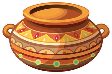 Ornate clay pot showcases vibrant geometric patterns, side handles, and cultural artistry