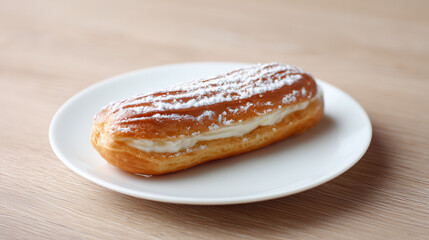 粉砂糖をたっぷりとかけた白いお皿に盛り付けられたカスタードクリーム入りのエクレア