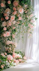 Beautiful floral arrangement with pink roses and greenery. Ideal for weddings and events.
