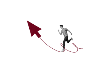 Composite photo collage of happy man run promotion arrow cursor direction business success growth isolated on painted background