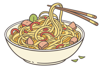 Noodles in a bowl are held up with wooden chopsticks, displaying tasty food