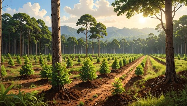 Sustainable forestry: a verdant landscape of young trees