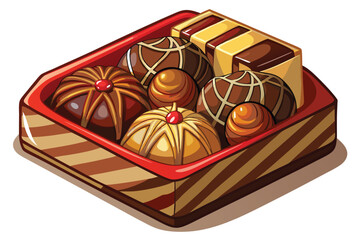 Assorted chocolates including spheres and domes are arranged inside a red striped box
