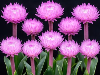 Vibrant pink flowers with green leaves against a black background.