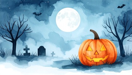 Minimalist abstract spooky Halloween jack o' lantern in a moonlit graveyard, surrounded by eerie trees and fog, watercolor illustration