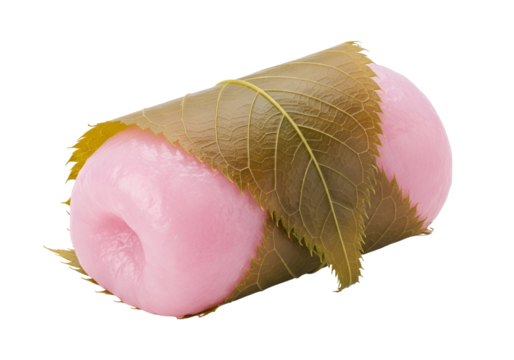 A vibrant pink mochi, wrapped in dried autumn leaves, against a black background.