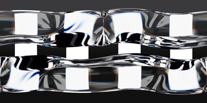 Abstract HDRI render studio in 360 view with glossy black surfaces and vertical white lights. Great for 3D visualization and lighting environments.