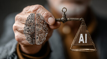 businessman holds a scale with AI and brain icons printed on both sides, symbolizing the balance between human wisdom and AI.