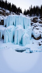 Majestic Frozen Waterfall Cascades Forming Icy Stalactites Amidst Snowy Winter Forest Landscape with Towering Evergreen Trees