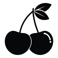 Two black cherries hanging with green leaves create a simple silhouette