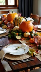 Naklejka premium Elegant Autumn Harvest Table Setting with Pumpkins and Seasonal Produce for Festive Dining and Celebration
