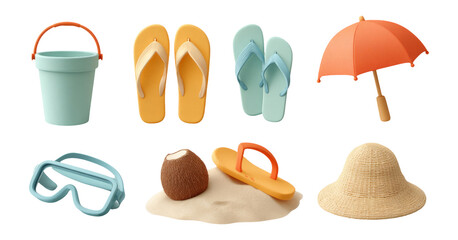Beach Essentials Collection with Flip Flops, Bucket, and Umbrella Isolated