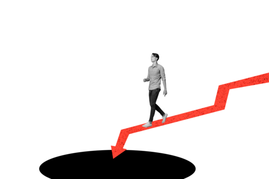 Composite photo collage of serious man walk arrow decline problem trap crisis economy failure down isolated on painted background