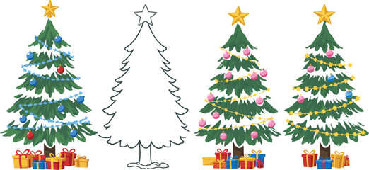 Art & IllustrationChristmas tree coloring activity with decorations, festive gifts, garlands, ornaments, and stars, fun holiday game for kids and families