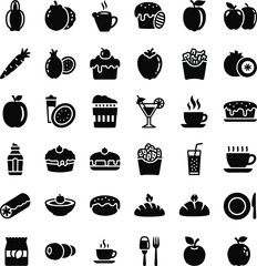 Collection of food and drink icons in black and white