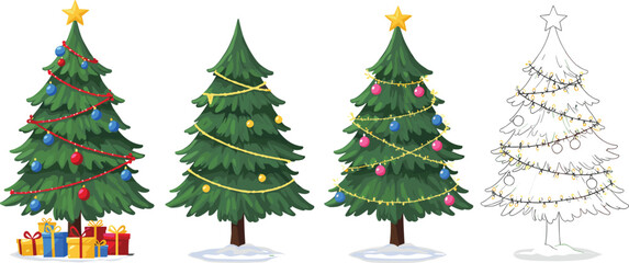 Art & IllustrationChristmas tree coloring activity with decorations, festive gifts, garlands, ornaments, and stars, fun holiday game for kids and families