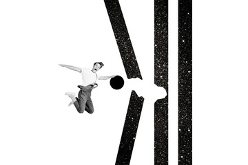Composite photo collage of astonished guy business career ball broke obstacle chart determination...