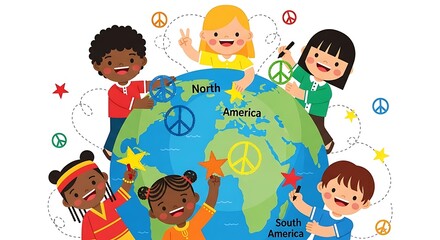Diverse children celebrating global peace and unity around a colorful planet earth illustration