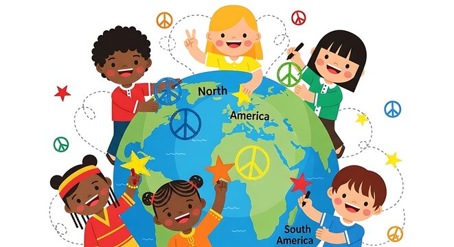 Diverse children celebrating global peace and unity around a colorful planet earth illustration - Powered by Adobe