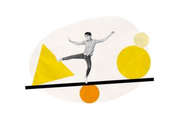 Creative collage picture young man funky dancer positive mood ballet scales platform balance geometry figures drawing background