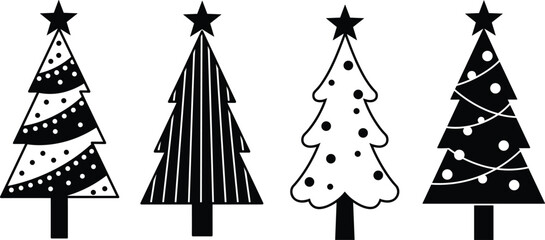 Art & IllustrationChristmas tree icons set, black and white holiday symbols, minimalist winter design elements, festive vector graphics, decorative pine trees