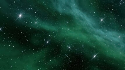 Celestial Emerald Canvas: An evocative image of a nebula bursts with emerald and dark colors, creating a cosmic panorama with its endless expanse, starry details.