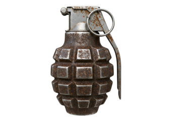 Close-up of a rusted hand grenade against a black background, highlighting its geometric design and weathered metal.