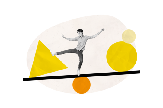 Creative collage picture young man funky dancer positive mood ballet scales platform balance geometry figures drawing background