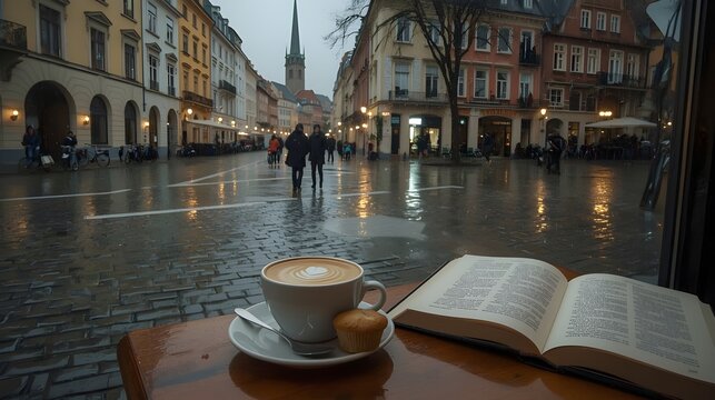 Cozy view of a cafe on a rainy day in a European city. A cup of hot cappuccino with a latte design and a muffin are on a wooden table by the window, next to a book.
