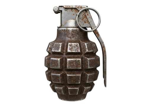 Close-up of a rusted hand grenade against a black background, highlighting its geometric design and weathered metal.