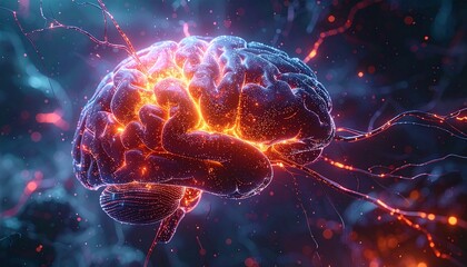 Dynamic human brain radiating brilliant neural impulses, symbolizing advanced thought, artificial intelligence, and scientific innovation in a captivating digital landscape