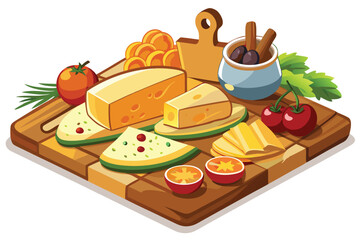 Delicious cheese assortment with tomatoes and herbs displayed artfully on a rustic wooden board