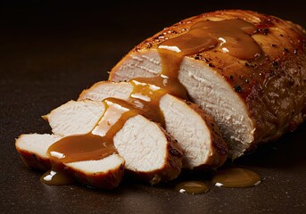 Sliced Turkey Breast with Gravy on Soft Green Background 