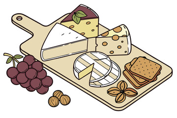 Diverse cheese assortment pairs beautifully with grapes, crackers, and nuts on a wooden board