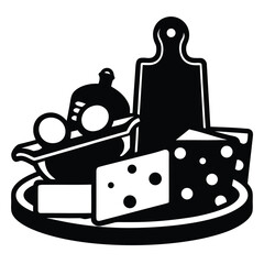 Monochrome cheese board features cheese blocks, olives, a sauce bowl, and a cutting board