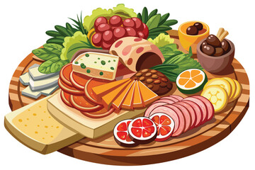 Assorted cheeses, sliced meats, fresh fruit, and condiments beautifully arranged on a wooden serving board