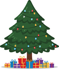 Art & IllustrationDecorated Christmas tree with colorful lights and wrapped gift boxes, festive holiday celebration, winter season, Christmas background illustration