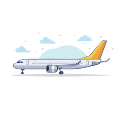 Fototapeta premium Modern passenger airplane in profile view against a blue sky with fluffy clouds, representing travel and aviation