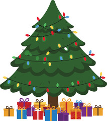 Art & IllustrationDecorated Christmas tree with colorful lights and wrapped gift boxes, festive holiday celebration, winter season, Christmas background illustration