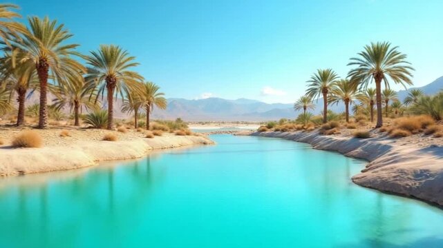 Oasis with palm trees and clear water under a bright blue sky in a desert