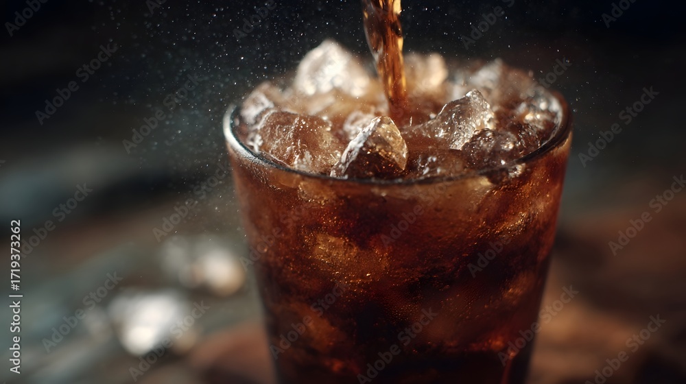 Poster dark cola beverage poured over ice cubes in a clear glass creating refreshing bubbles and splashes